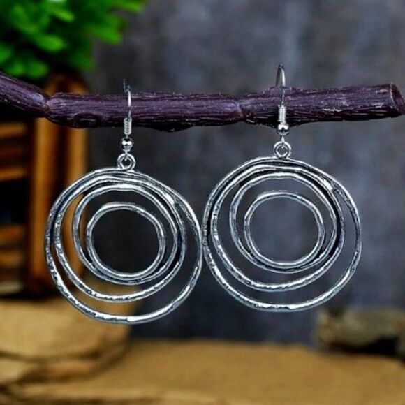 SILVER ROUND GEOMETRIC DANGLE EARRINGS - Picture 1 of 4